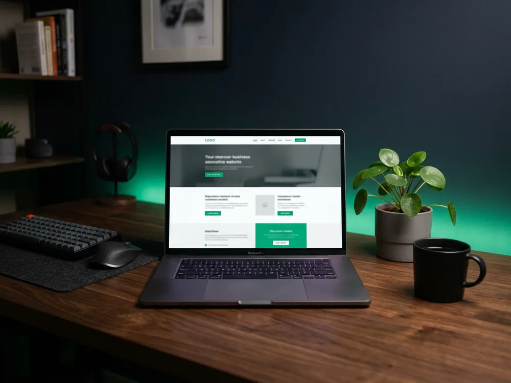 Espacio de trabajo de desarrollo web con un portátil mostrando un sitio web profesional con acentos verdes esmeralda